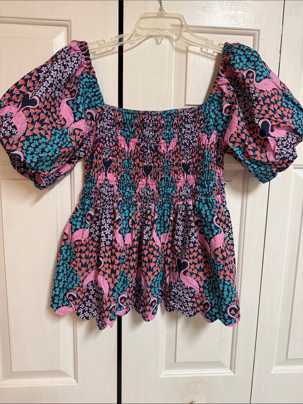 Simply Southern Pink and Teal Puff Sleeve Smocked Top